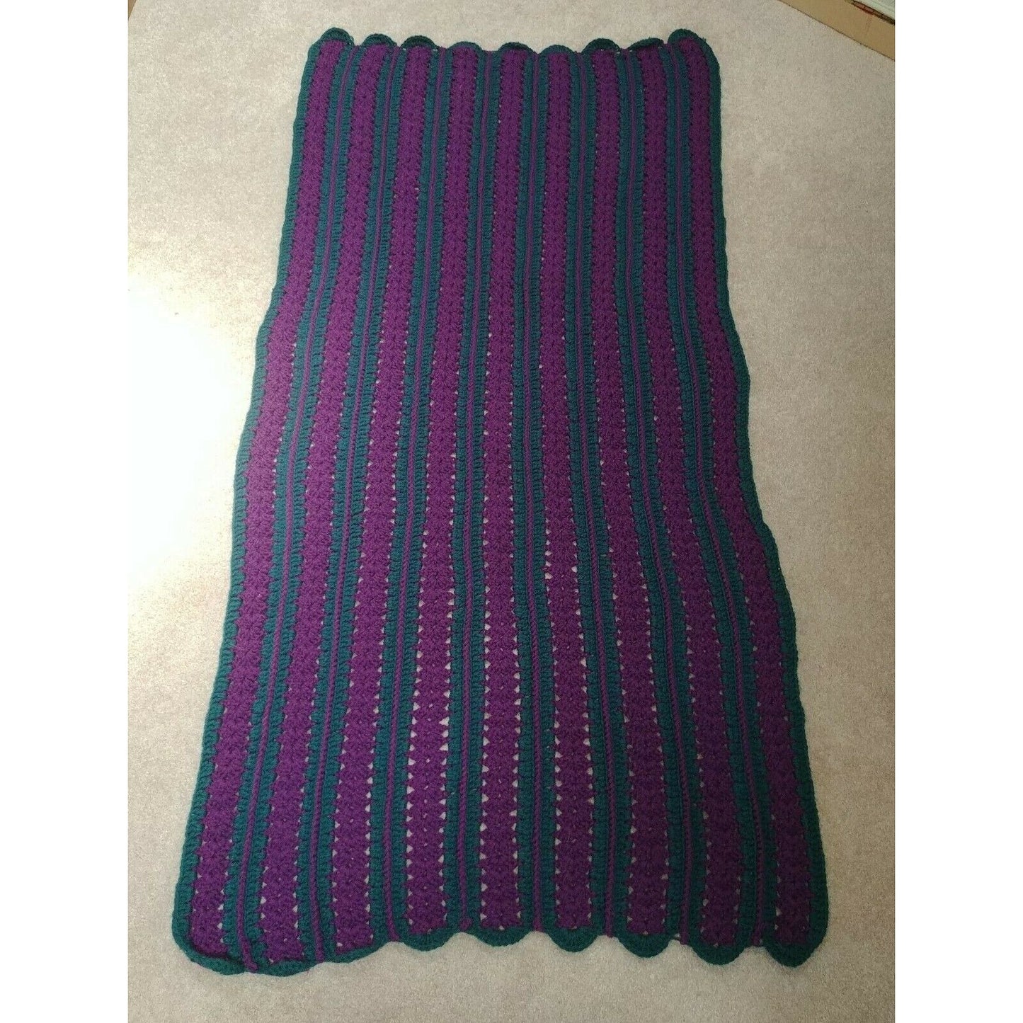 Crochet Handmade Afghan Blanket Pattern Throw 76" x 66" Purple Forest Green
