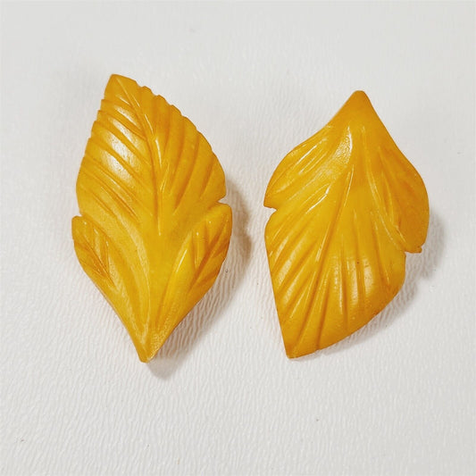 Vintage Butterscotch Carved Leaf Clip On Earrings