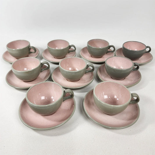Set of Vintage Harkerware Stoneware Speckled Pink Gray 9 Cups & 9 Saucers