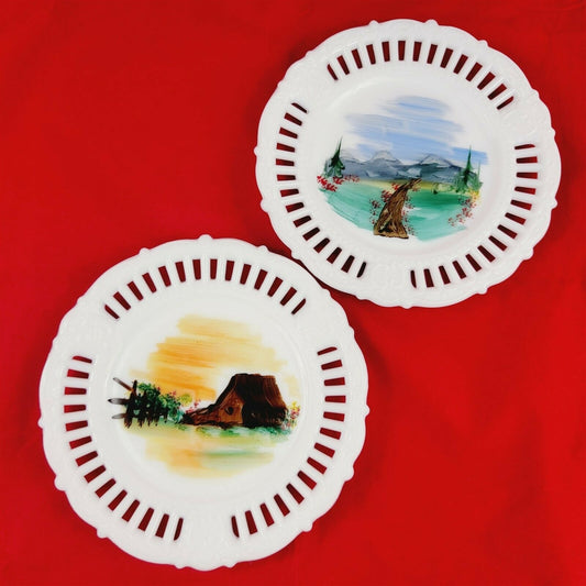 2 Vintage Milk Glass Plates Painted Landscape Scenery Mountains Barn Trees Fence