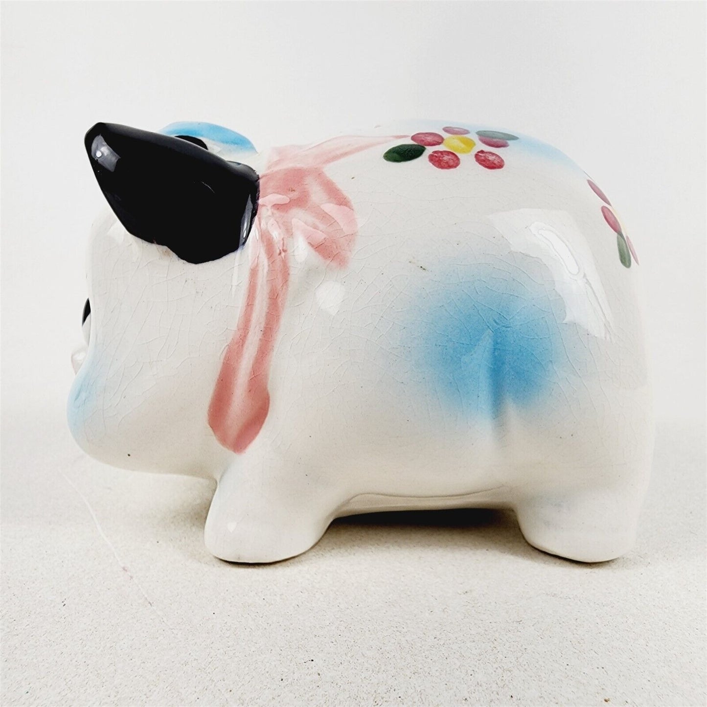 Vintage Ceramic Floral Pig with Hat & Scarf Piggy Bank Blue Pink Japan