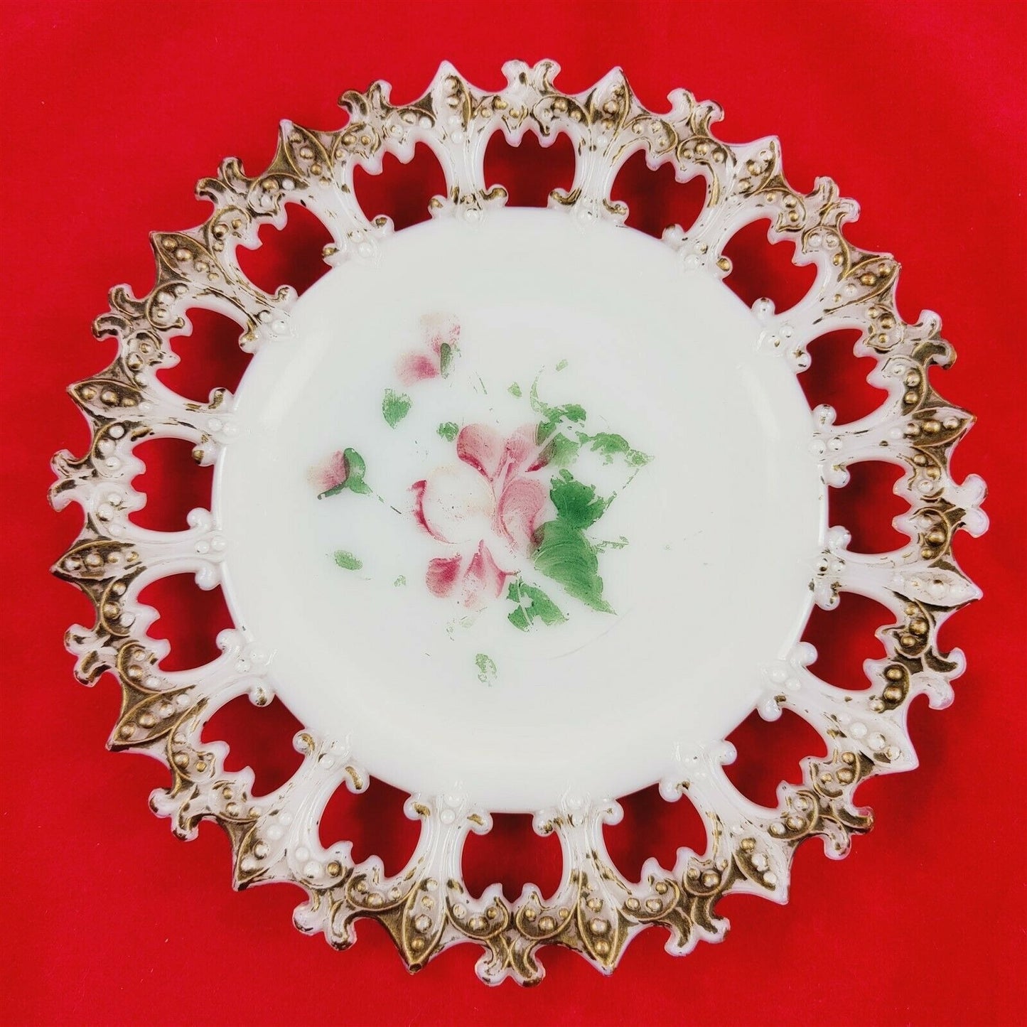 3 Vintage Milk Glass Plates Fleur De Lis Border Painted Floral Victorian