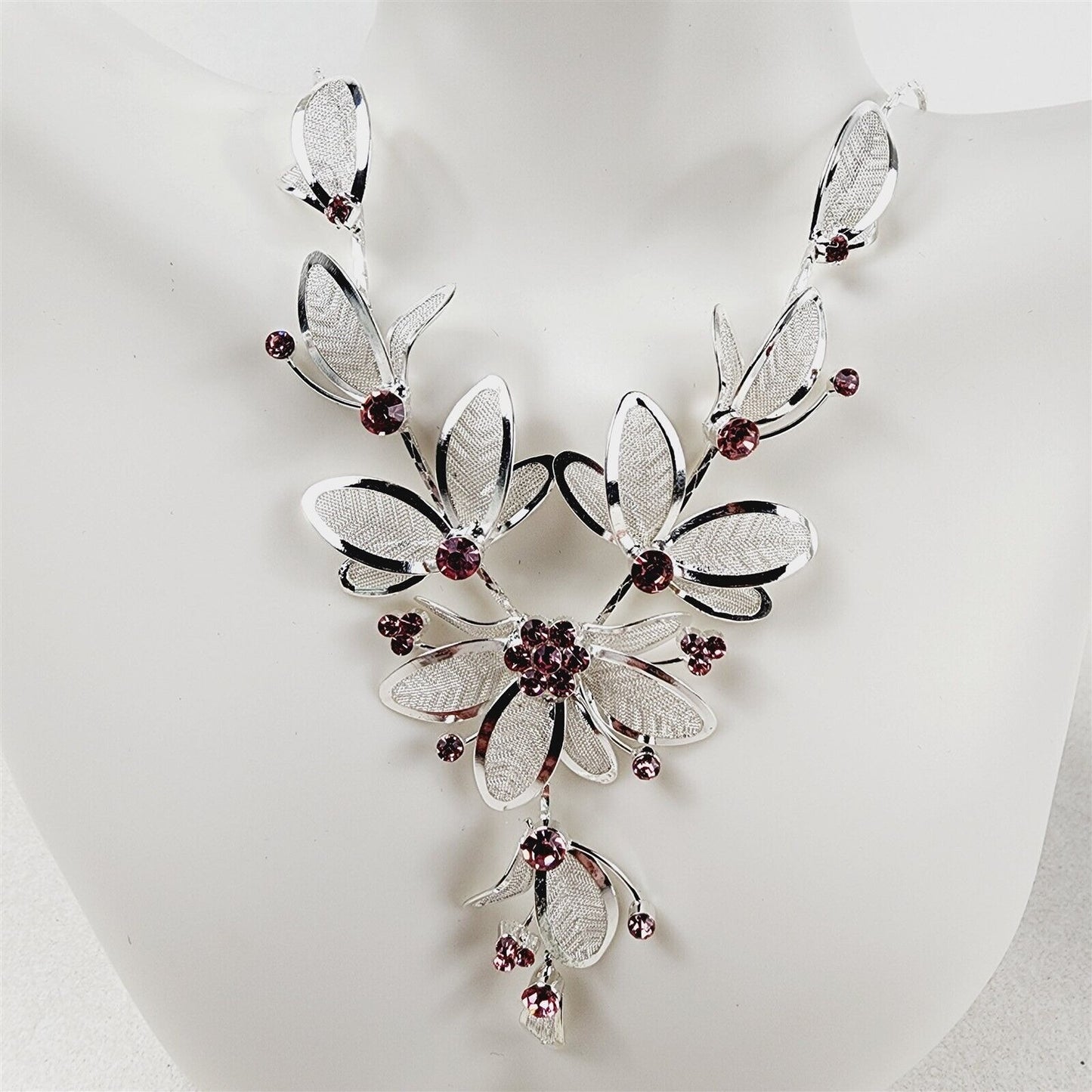 Pink Silver Mesh Floral Necklace Earrings Bracelet Fashion Jewelry Set