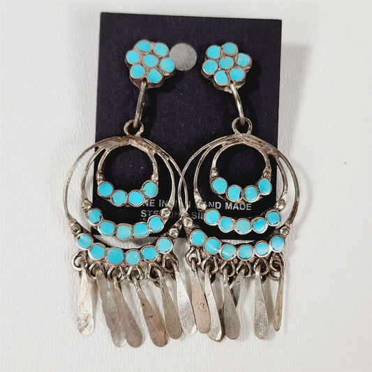 Vintage Native American Zuni Sterling Silver Petit Point Turquoise Earrings