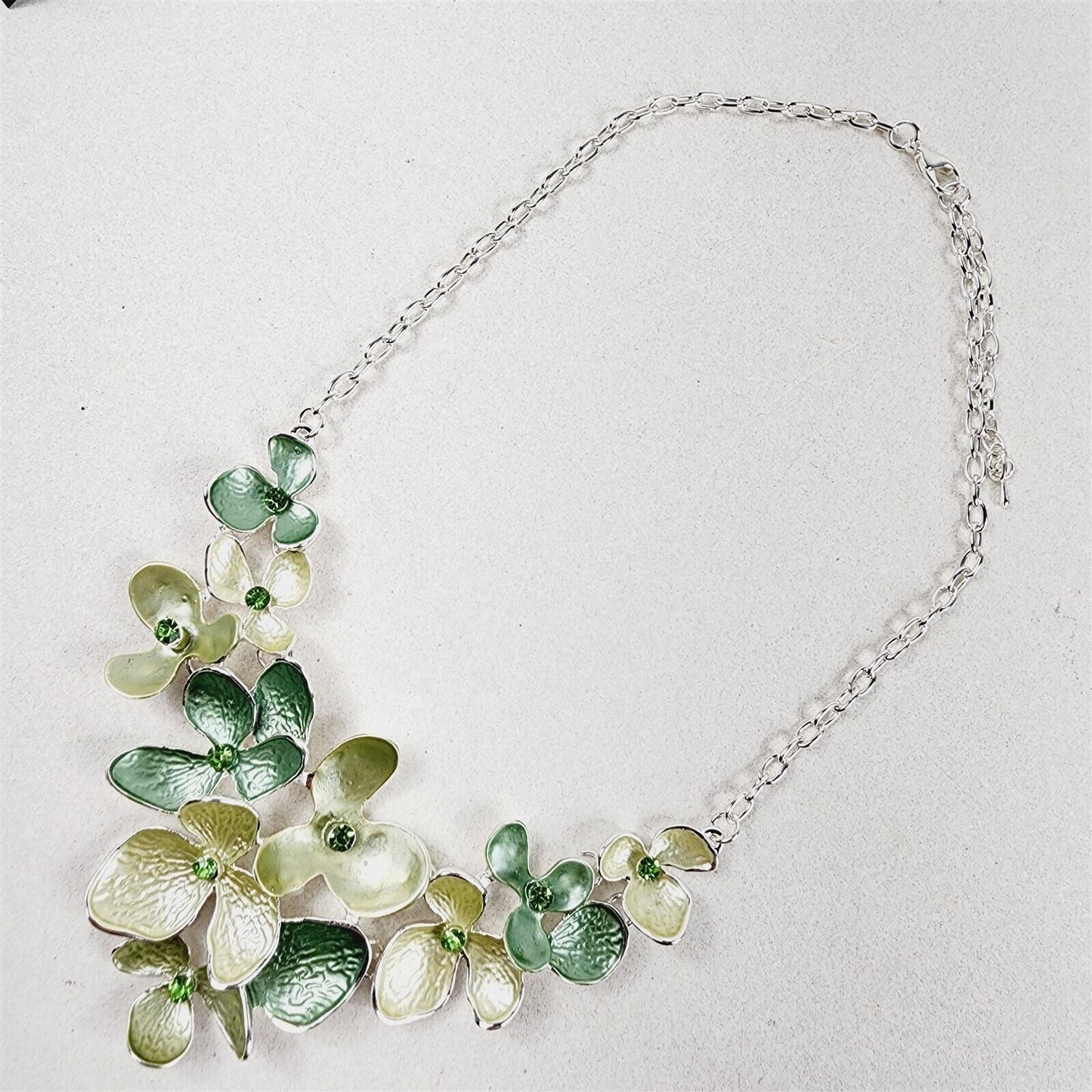Green Enamel Floral Rhinestone Necklace Earrings Fashion Jewelry Set