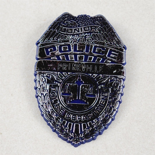Vintage Junior Police Toy Badge Pin Prineville Oregon Blue Plastic - 2 1/2"