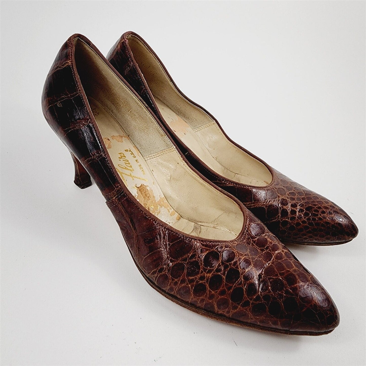 Vintage Foot Flairs Brown Alligator Leather Kitten Heels Womens 7.5 AA