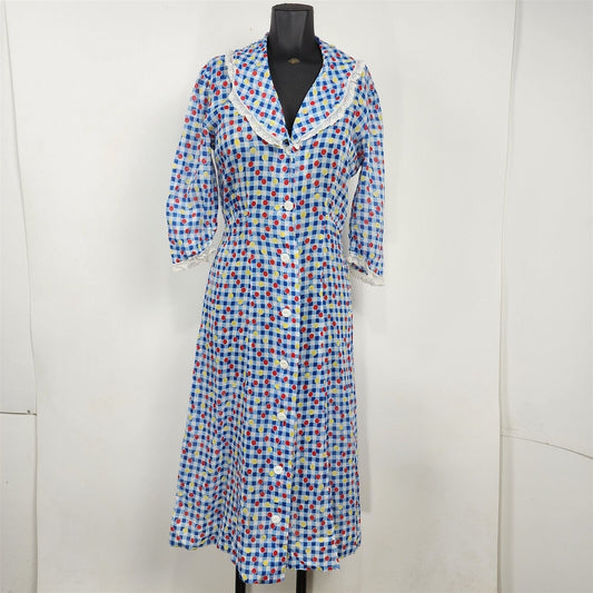 Vintage 1930s Organdy Polka Dot Blue Plaid Summer Day Dress