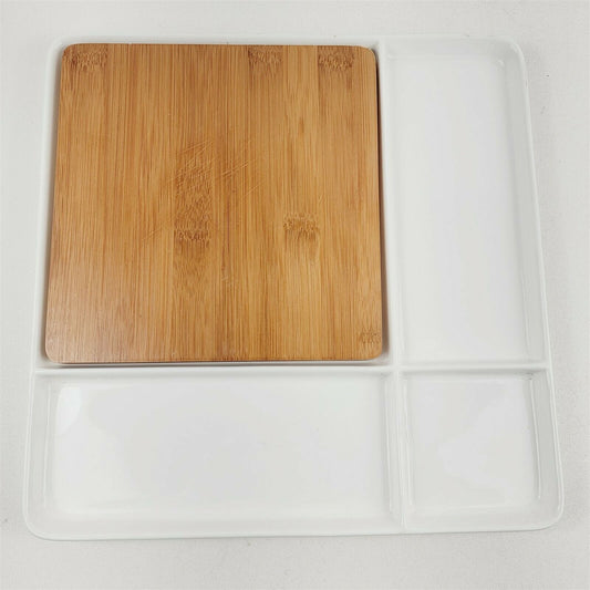 Ciroa White Ceramic Entertainers Serving Tray with Bamboo Cutting Board 11.5"