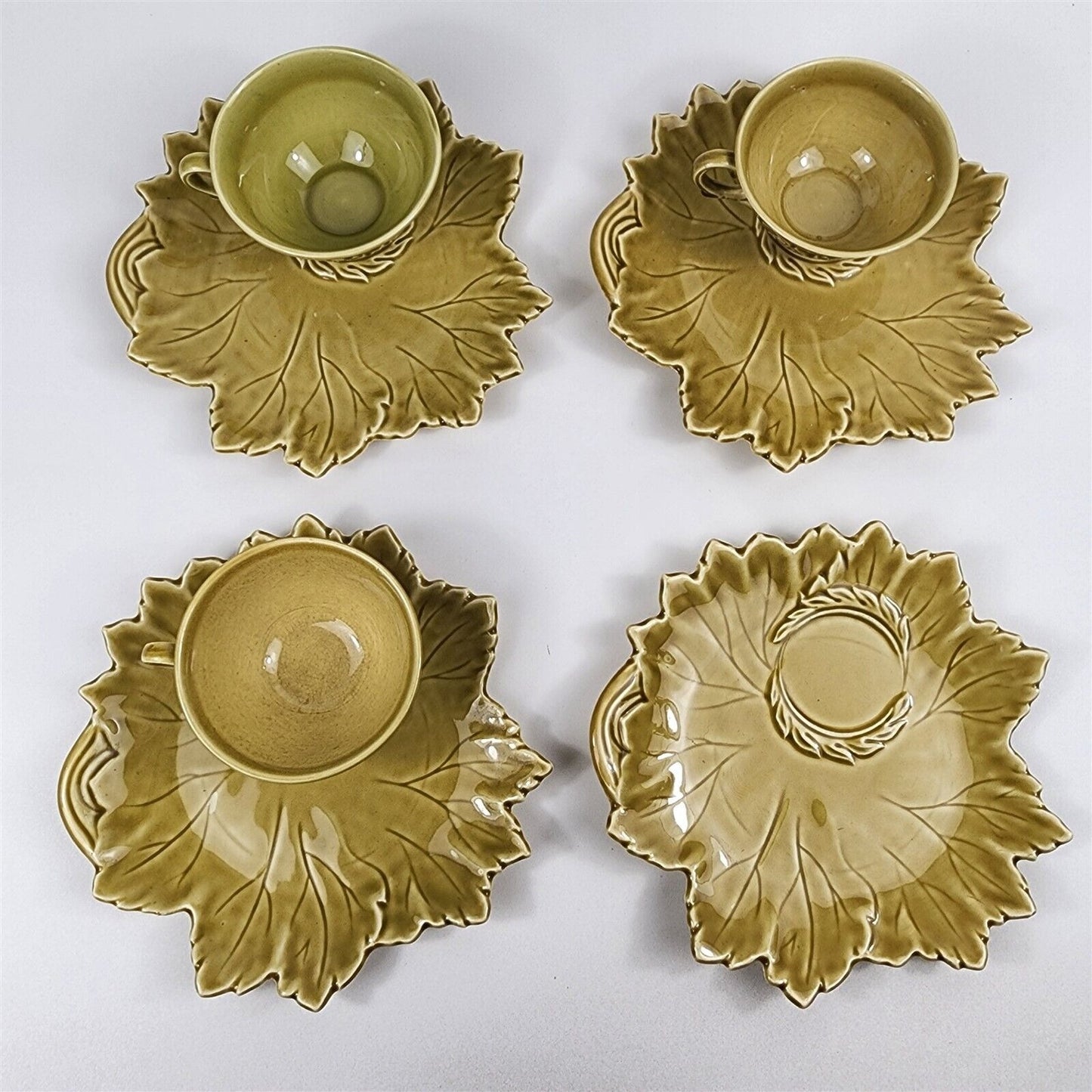 7 Pc Woodfield Steubenville Golden Fawn Green Leaf Snack Tea Set 3 Cups 4 Plates