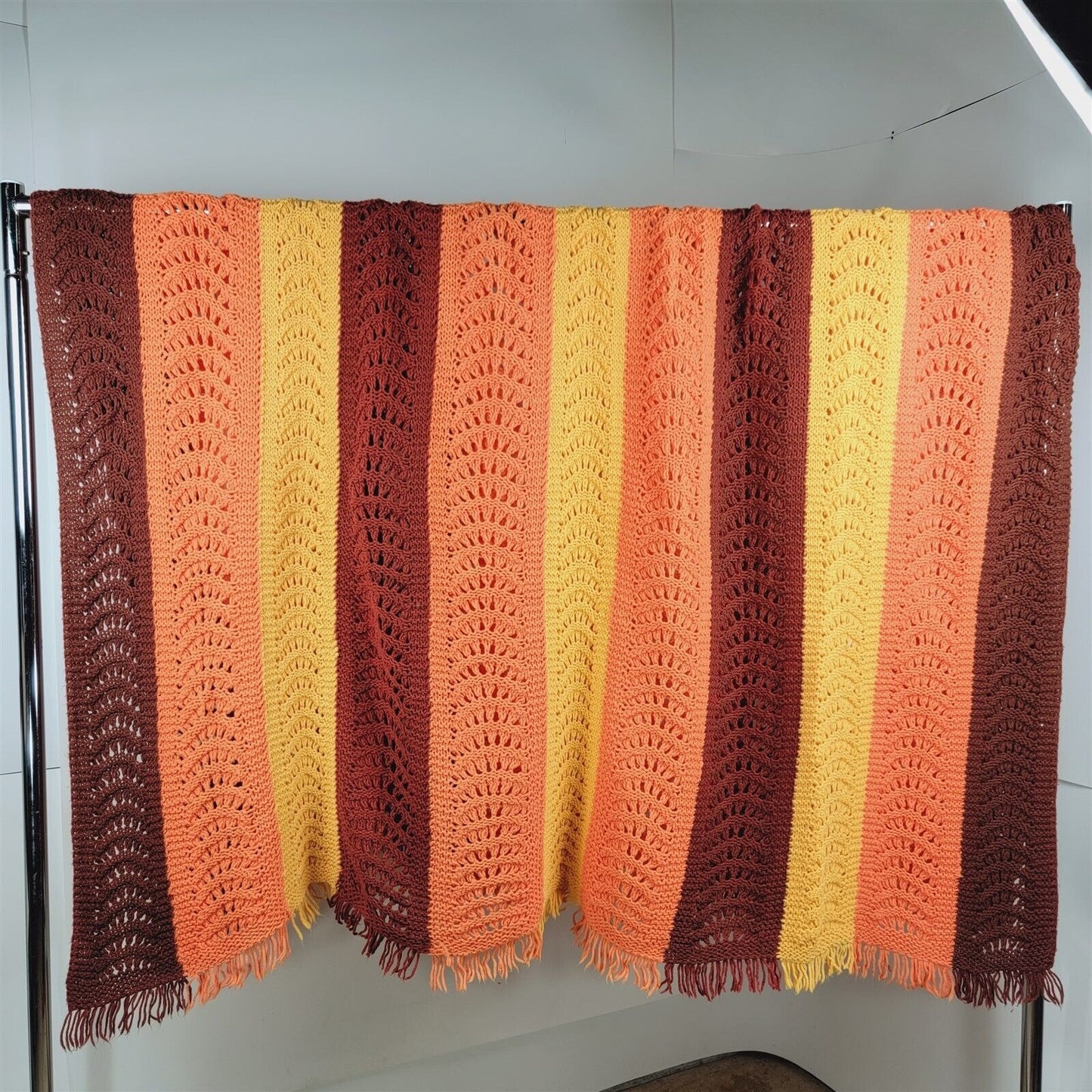 Vintage Yellow Orange Brown Harvest Autumn Crochet Afghan Blanket Handmade 74x80