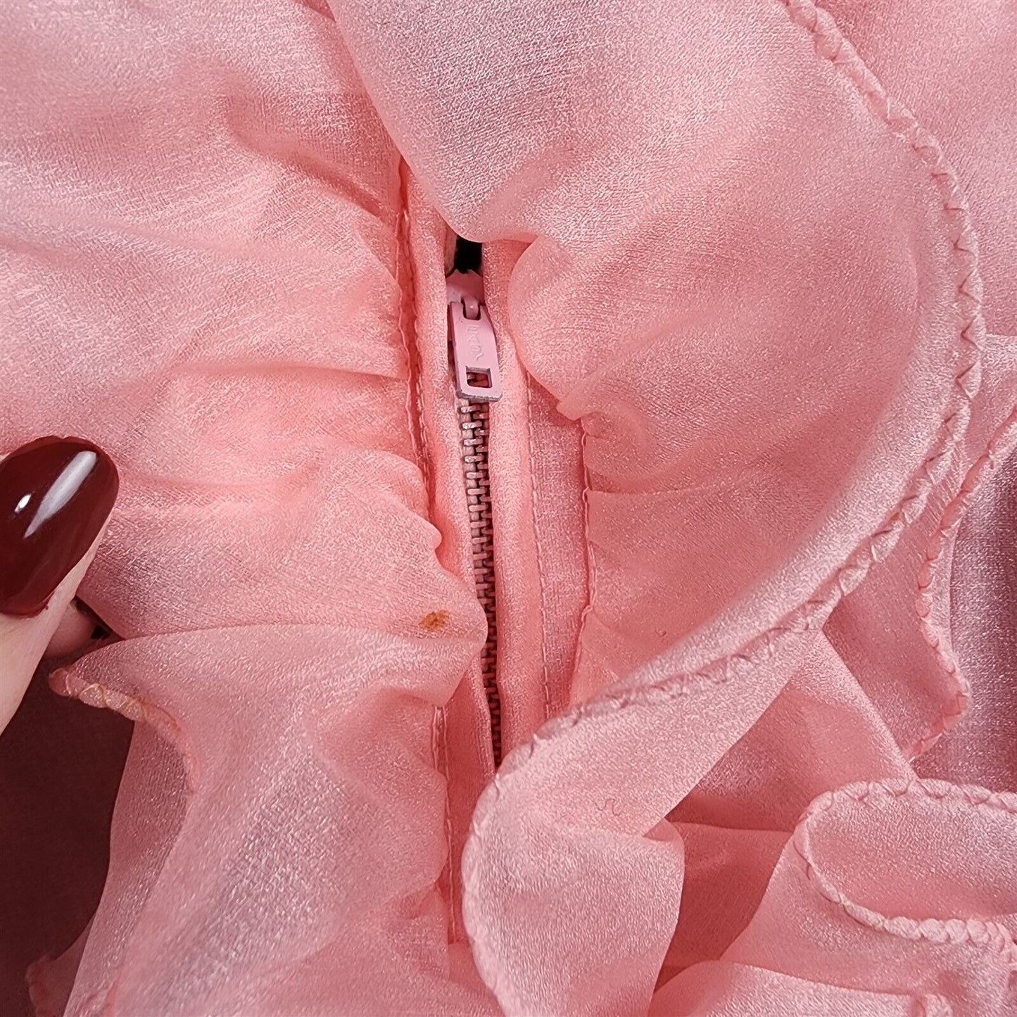Vintage 1970s Pink Chiffon Ruffle Long Sheer Sleeve Dress Volup