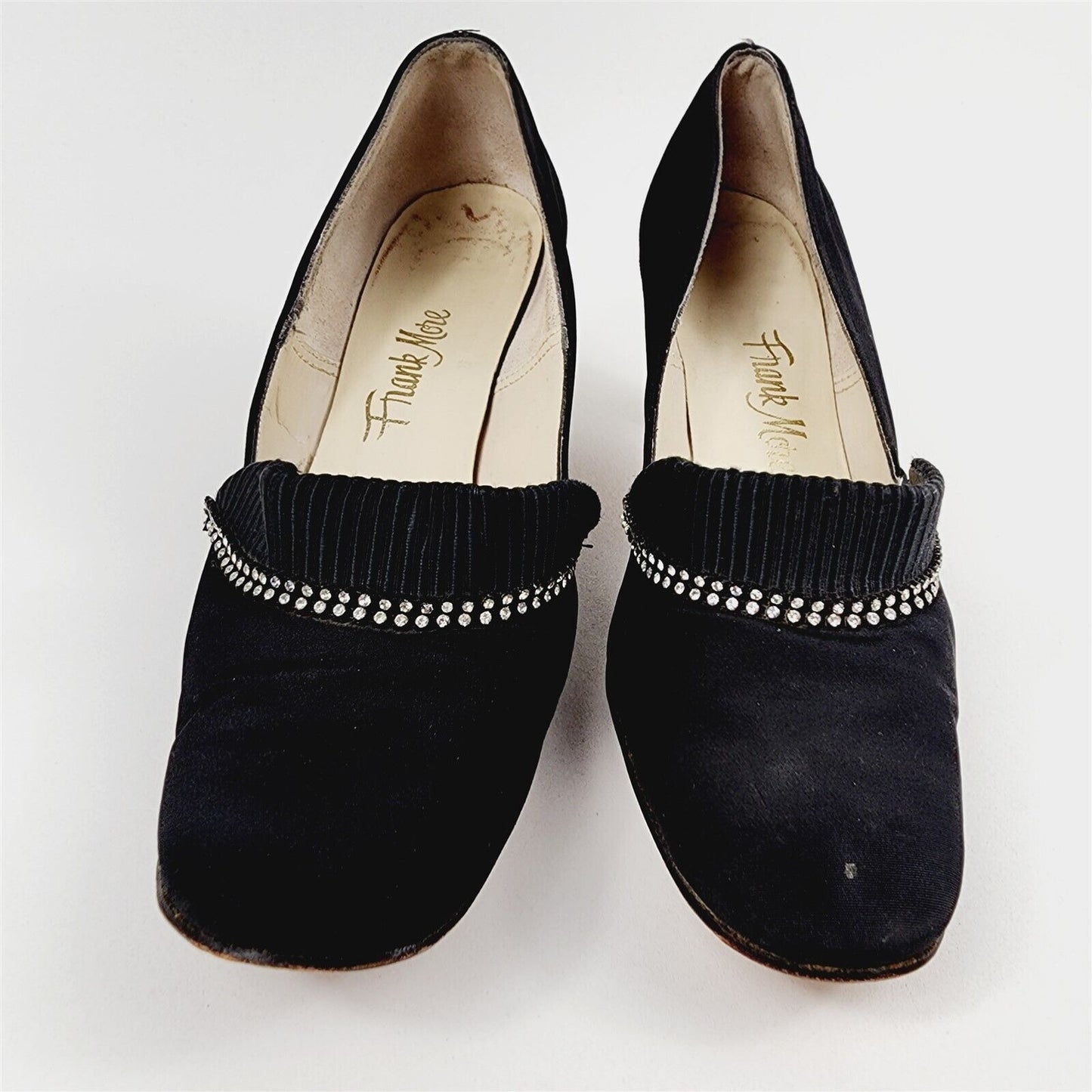 Vintage Frank More Black Block Heels Shoes Rhinestones Bling Womens Size 9.5