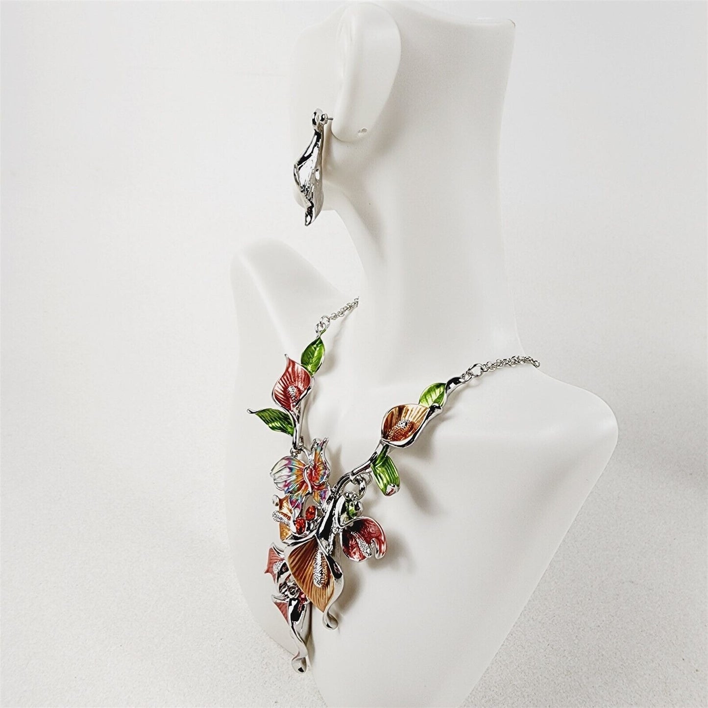 Pink Orange Enamel Floral Butterfly Necklace Earrings Fashion Jewelry Set