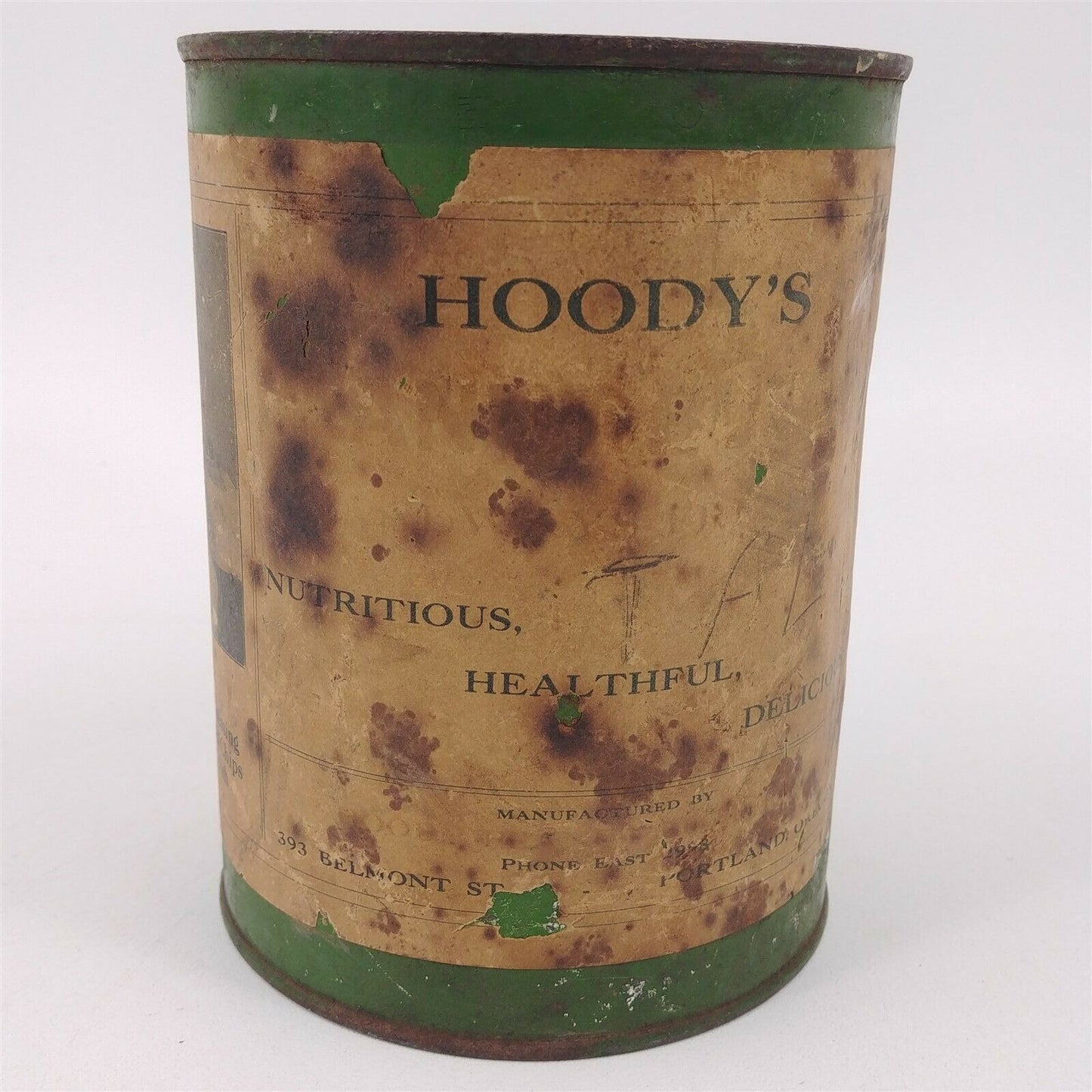 Hoody's Peanut Butter Tin Goodies Portland OR 393 Belmont 5-1/2" Tall Green