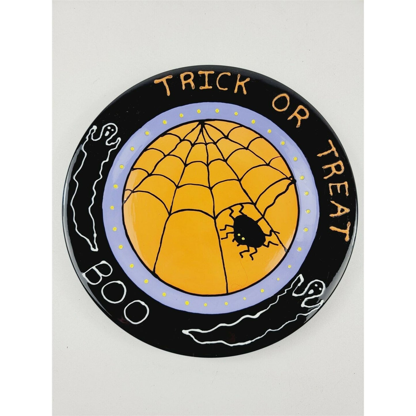 2 Hand Painted Happy Halloween Trick or Treat Plates Witch Spider Web Ghost Bat