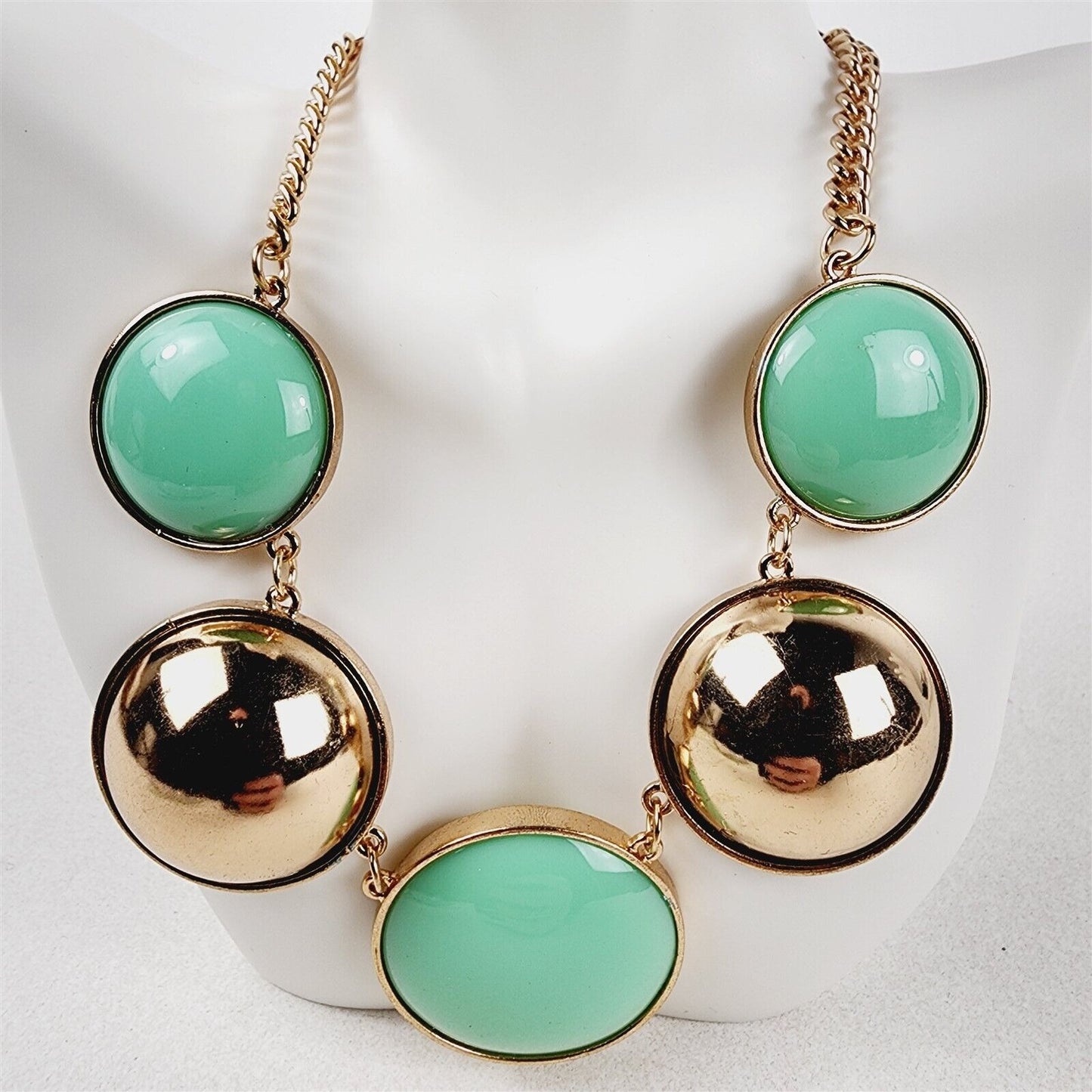 Gold & Mint Round Dome Necklace Earrings Fashion Jewelry Set