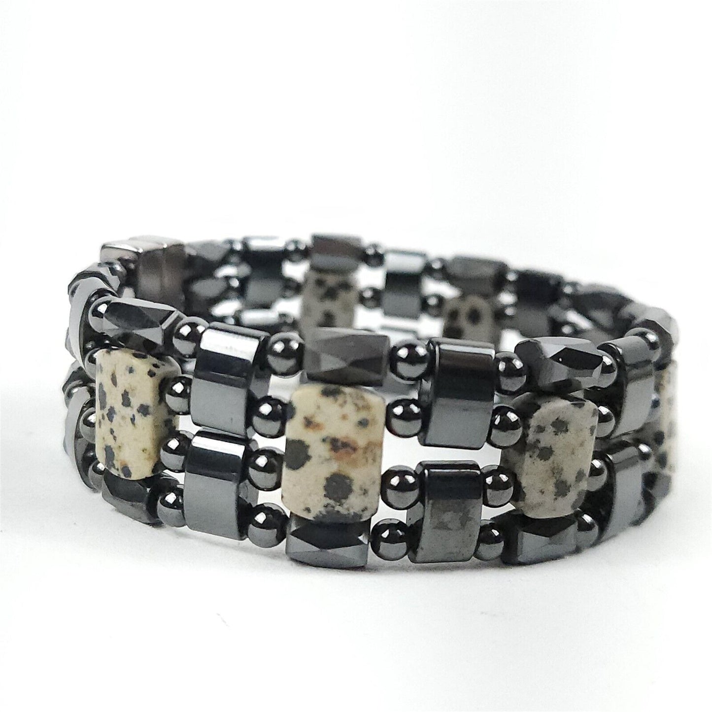 Black & White Dalmatian Jasper Natural Stone Magnetic Bracelet Therapeutic Quad