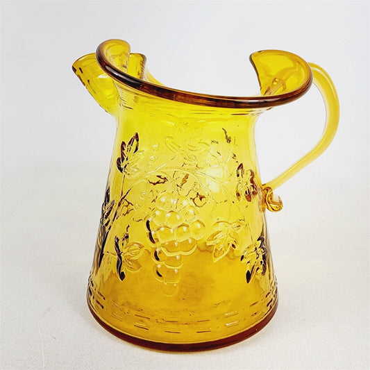 Vintage 1970s MCM Amber Art Glass Pitcher Vase Grapes Leaves - 6 1/2"