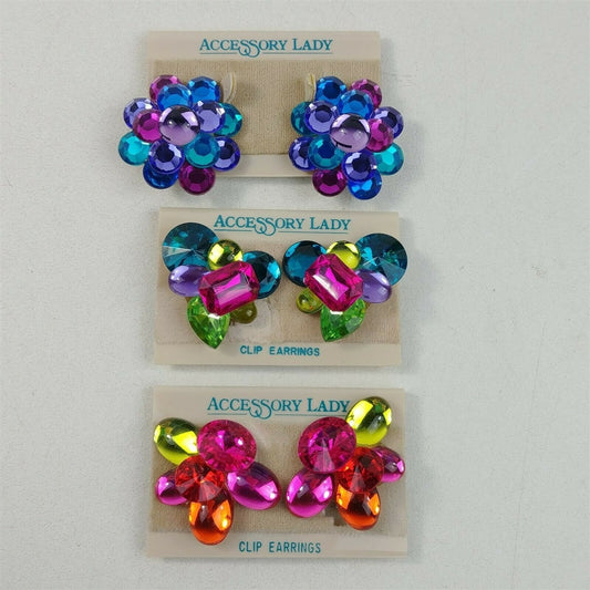 Colorful Cluster Clip On Earrings Floral Statement - 3 Pairs