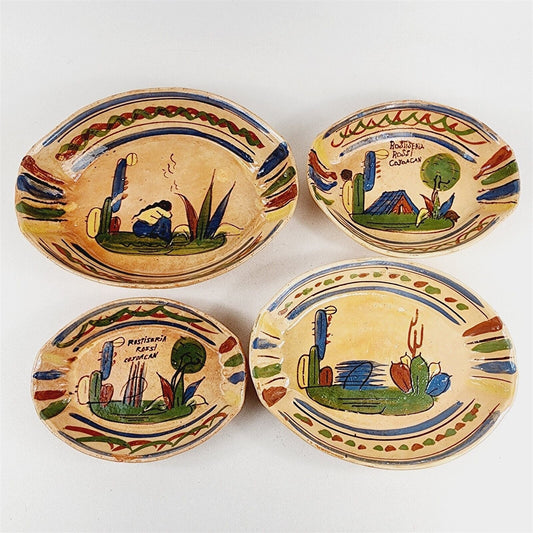 4 Vintage Mexican Folk Art Pottery Tlaquepaque Terra Cotta Oval Nesting Bowls