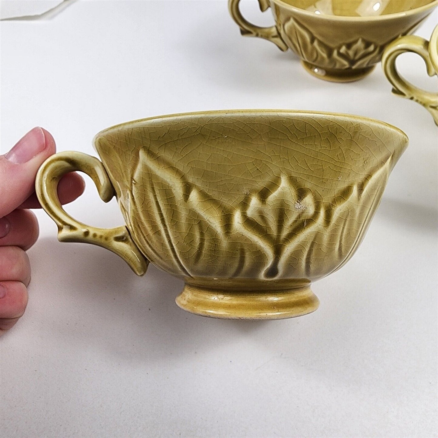 7 Pc Woodfield Steubenville Golden Fawn Green Leaf Snack Tea Set 3 Cups 4 Plates