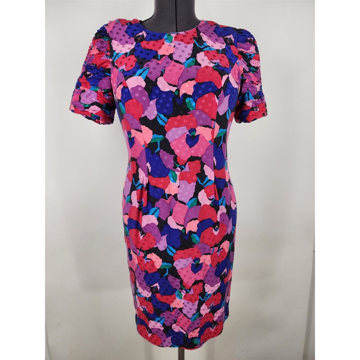 Vintage 80s Vibrant Print Silk Dress Short Sleeve Colorful Hot Pink Red Size 10P