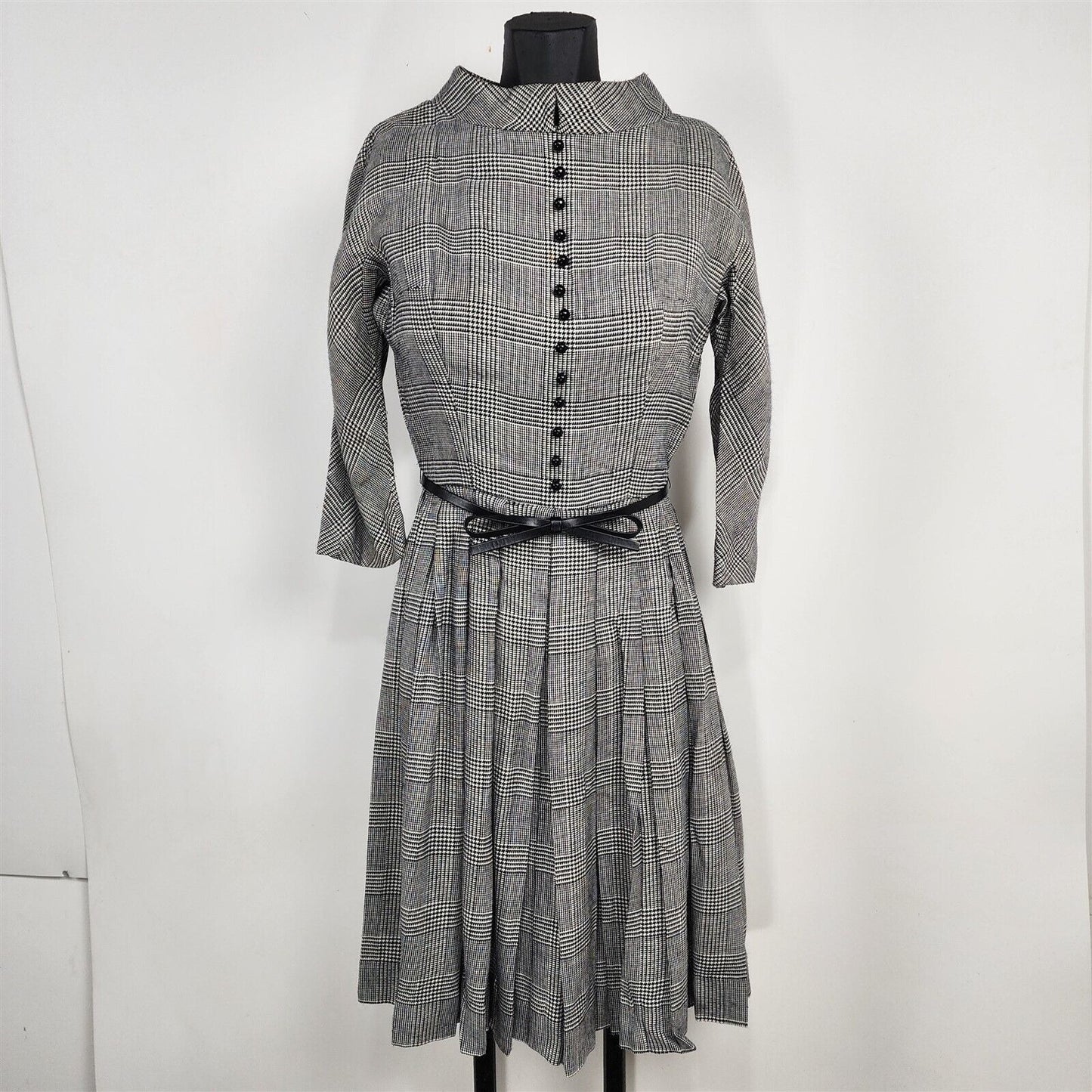 Vintage 1950s L'aiglon Black & White Houndstooth Plaid Dress - 22" Waist