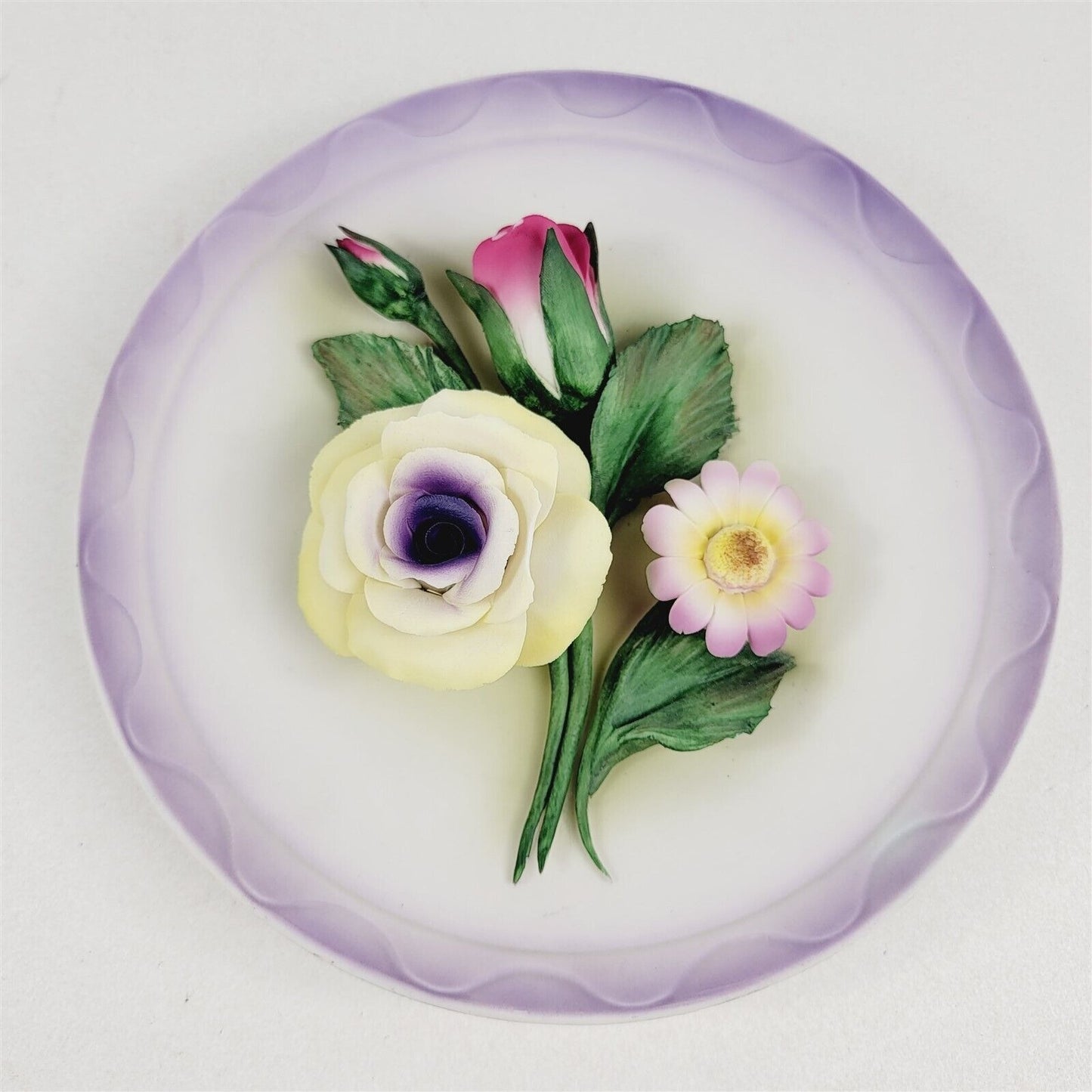 Vintage Capodimonte Flower Porcelain Wall Hanging Plaque Plate Purple 8.25"