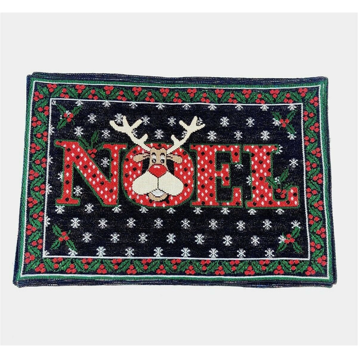 4 Tapestry Noel Reindeer Sparkly Woven Placemats Vintage Black