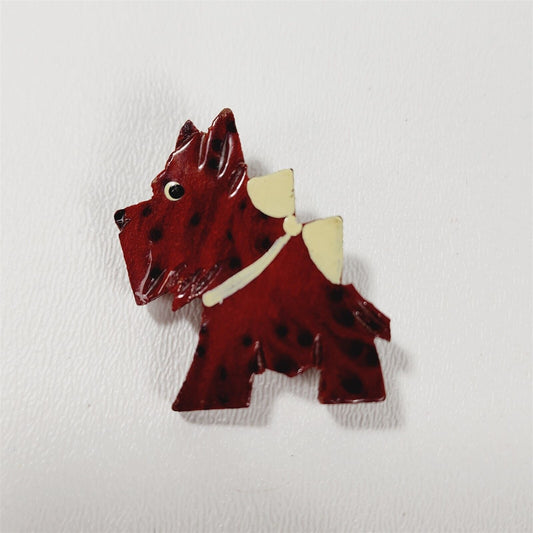 Vintage Scotty Dog Puppy Wood Figural Animal Pin Brooch Carved Hand Painted Bow