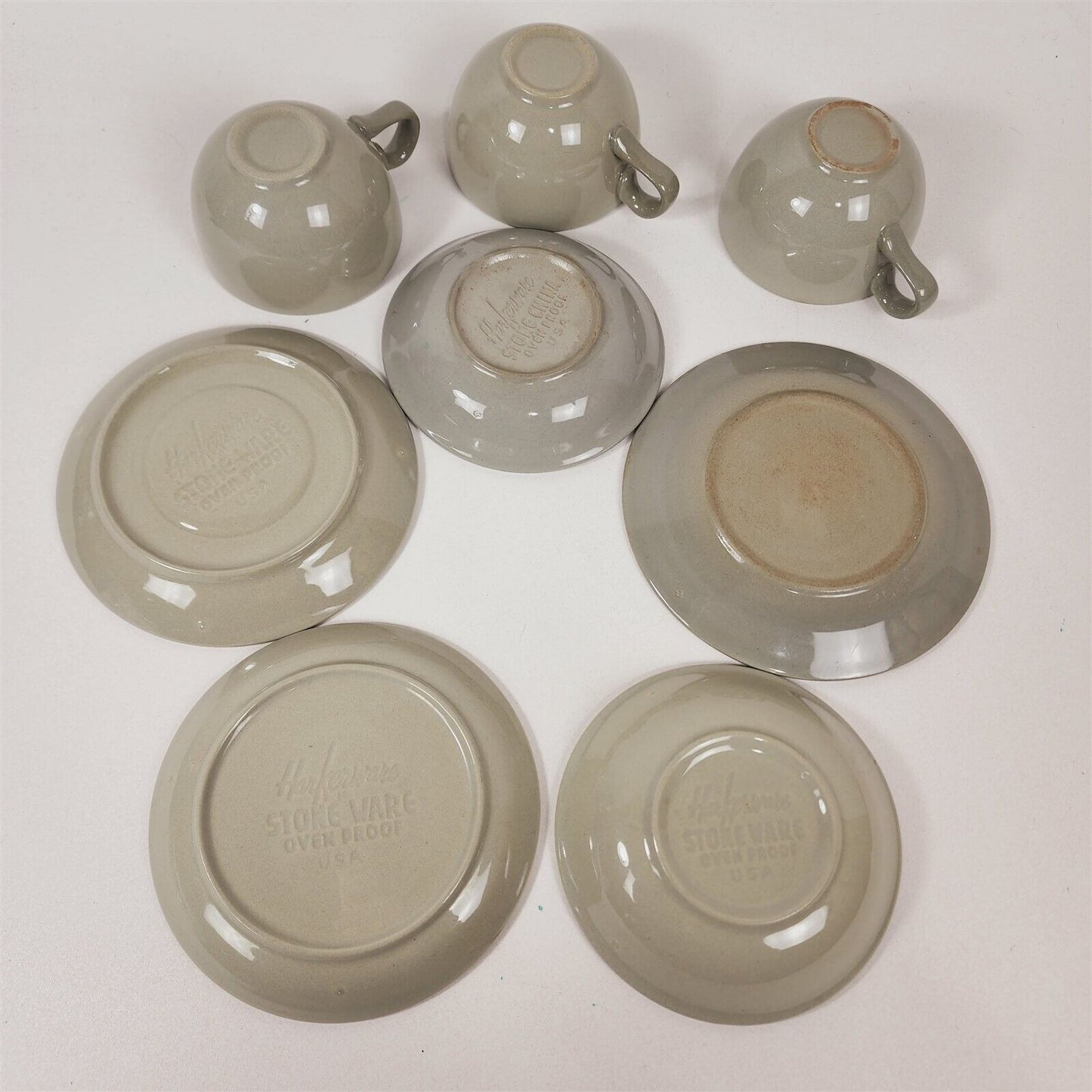 8 Pc Set Vintage Harkerware Stoneware Speckled Blue Gray Cups Plates Bowls