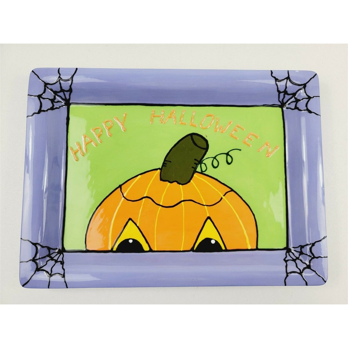 4 Hand Painted Halloween Trick or Treat Plates Serving Platter Ghost Cat Pumpkin