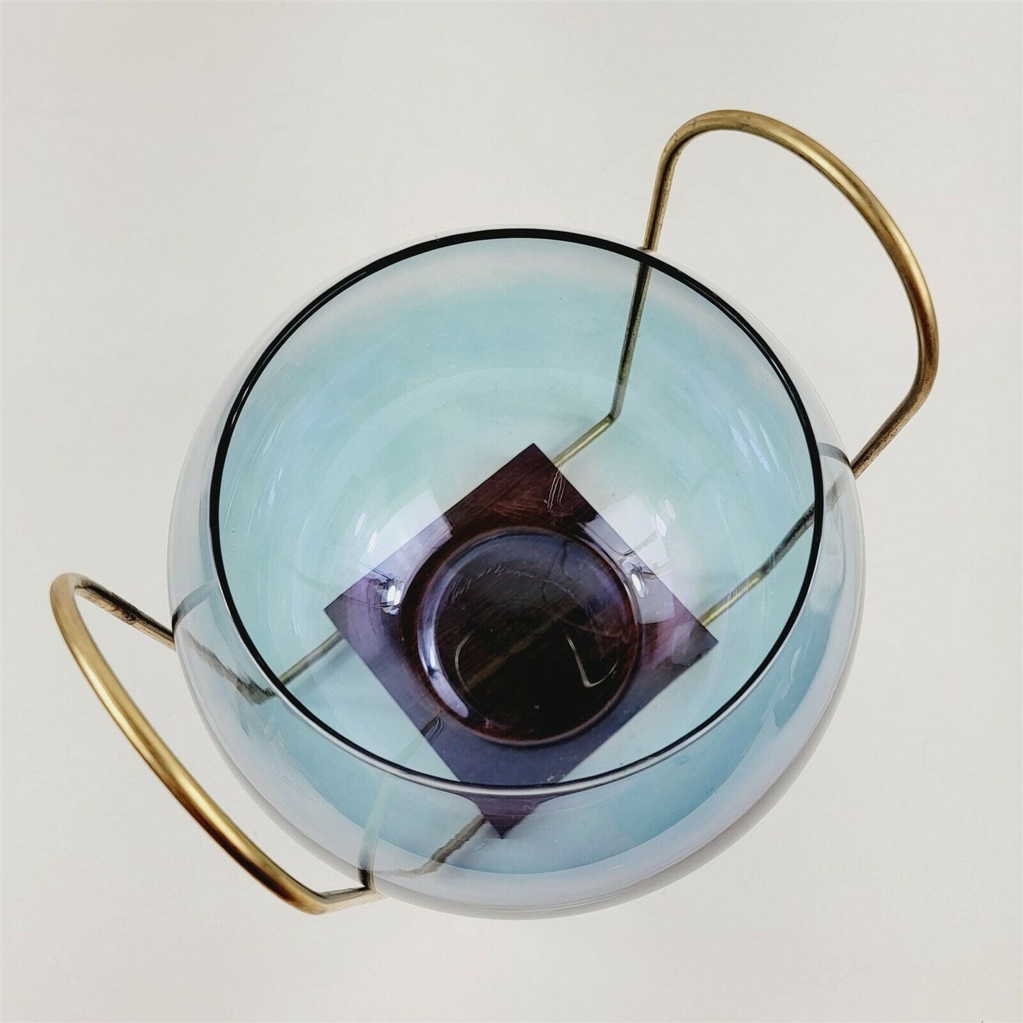 MCM Blue Lustre Glass Globe Vase Centerpiece Wood Base Wire Handles