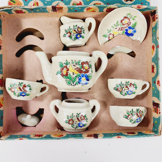 Vintage 7 Piece Lusterware Childs Tea Set Cream Floral Dishes in Original Box