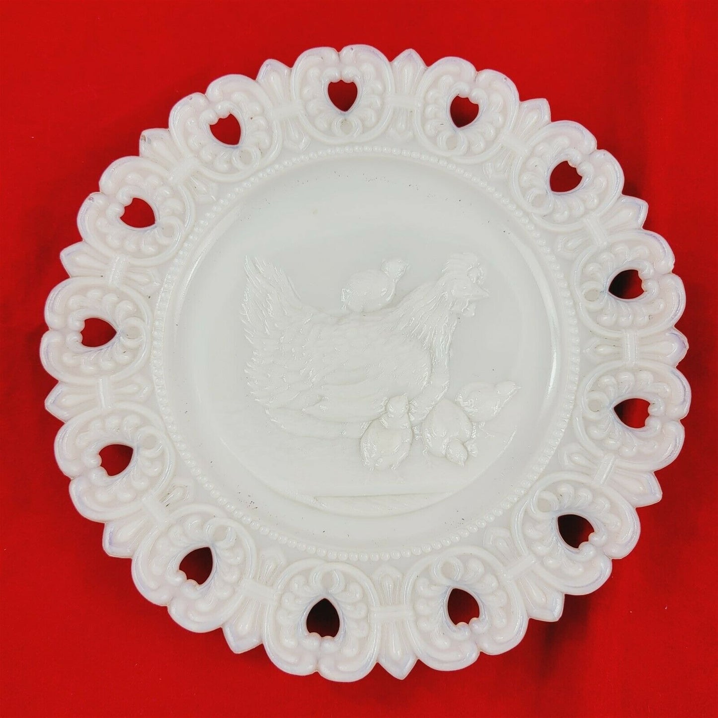 2 Vintage Milk Glass Plates Embossed Waterfall Scenery & Hen with Chicks Chicken