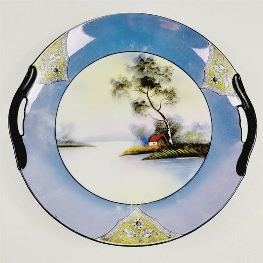 Noritake Handled Cake Plate Hand Painted Landscape House on the River Japan