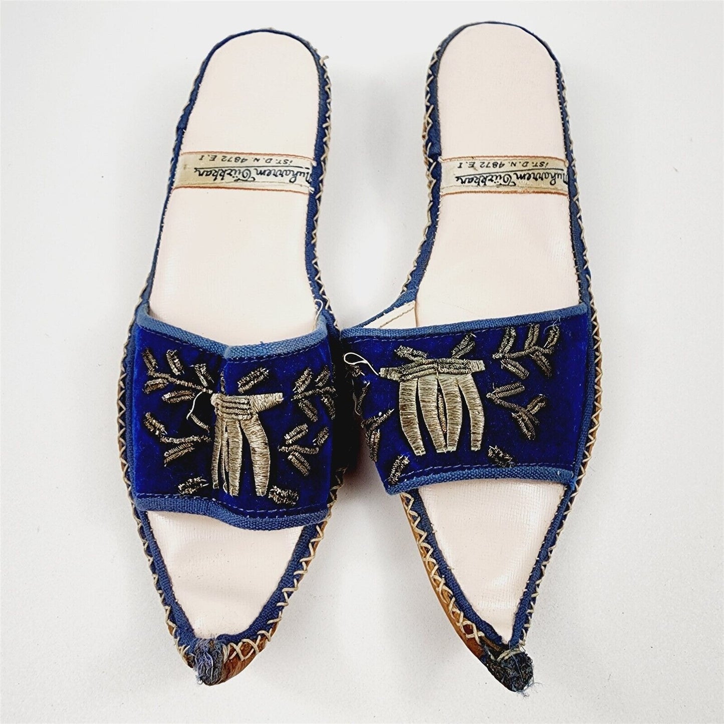 Vintage Turkish Ottoman Leather Silk Slippers Blue Velor Embroidered