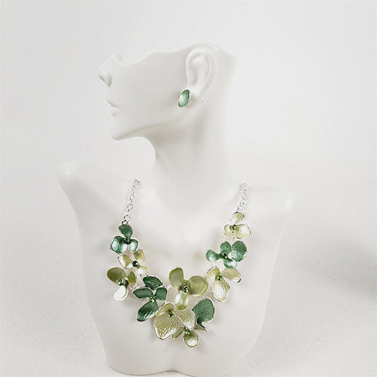 Green Enamel Floral Rhinestone Necklace Earrings Fashion Jewelry Set
