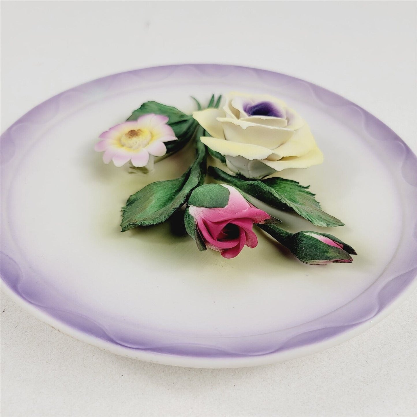 Vintage Capodimonte Flower Porcelain Wall Hanging Plaque Plate Purple 8.25"