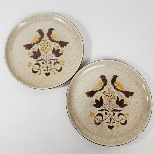 2 Vintage Red Wing Pottery Turtle Dove Brown Gold Dinner Plates - 10 3/8"