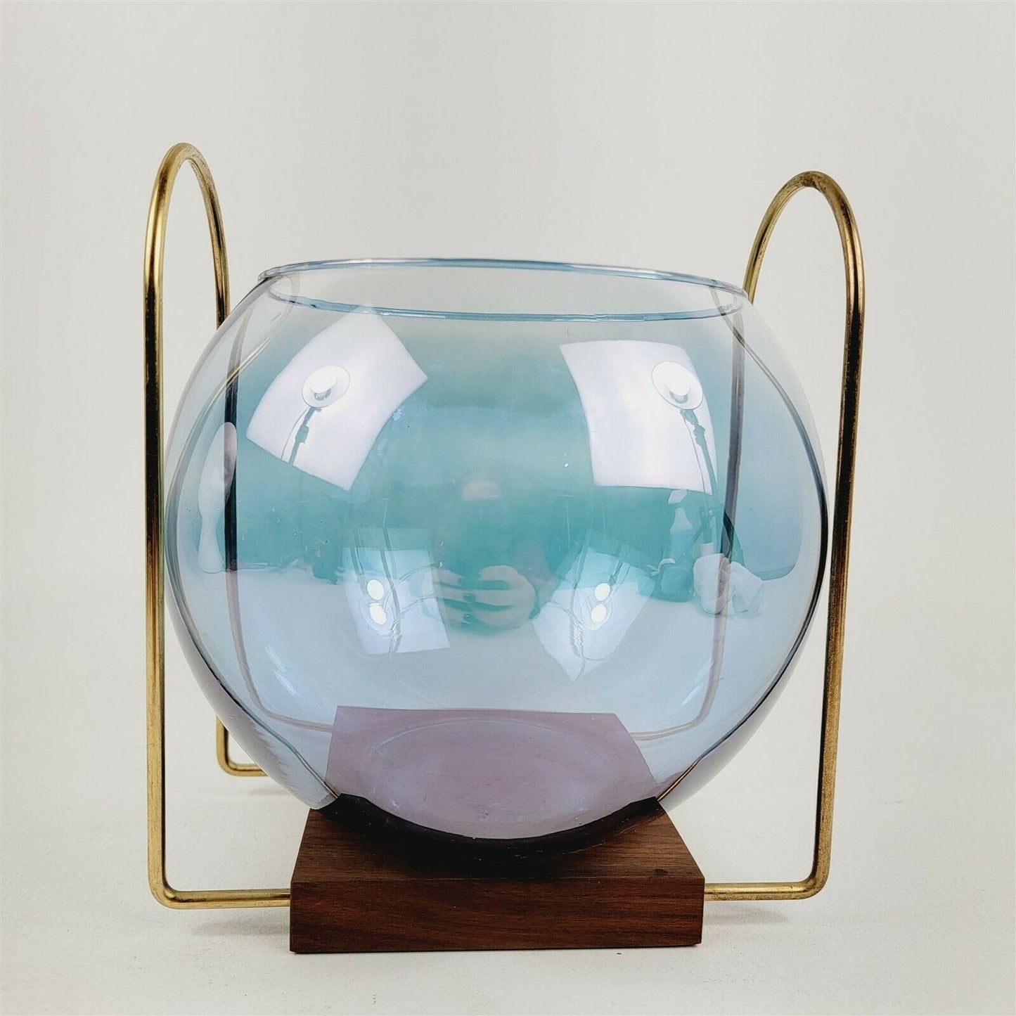 MCM Blue Lustre Glass Globe Vase Centerpiece Wood Base Wire Handles