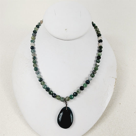 Sterling Silver 925 Fauceted Blue Green Stone Necklace with Pendant 16 1/2”