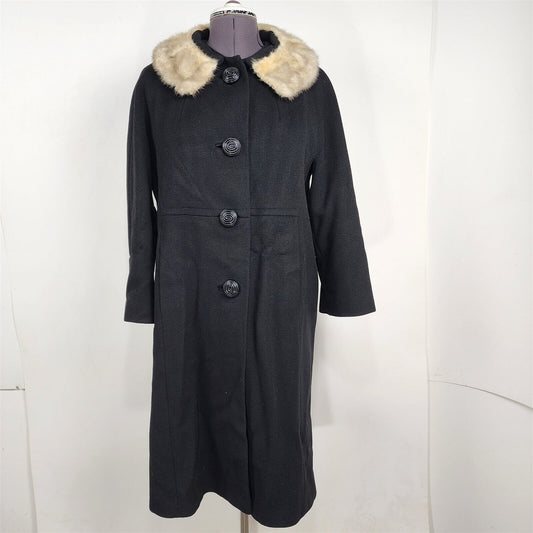 Vintage Black Wool Long Union Made Coat with Real Fur Collar Trim