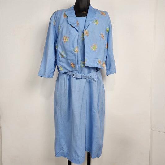 Vintage 1960s Adrian Tabin 2 Piece Blue Linen Floral Embroidered Dress & Jacket