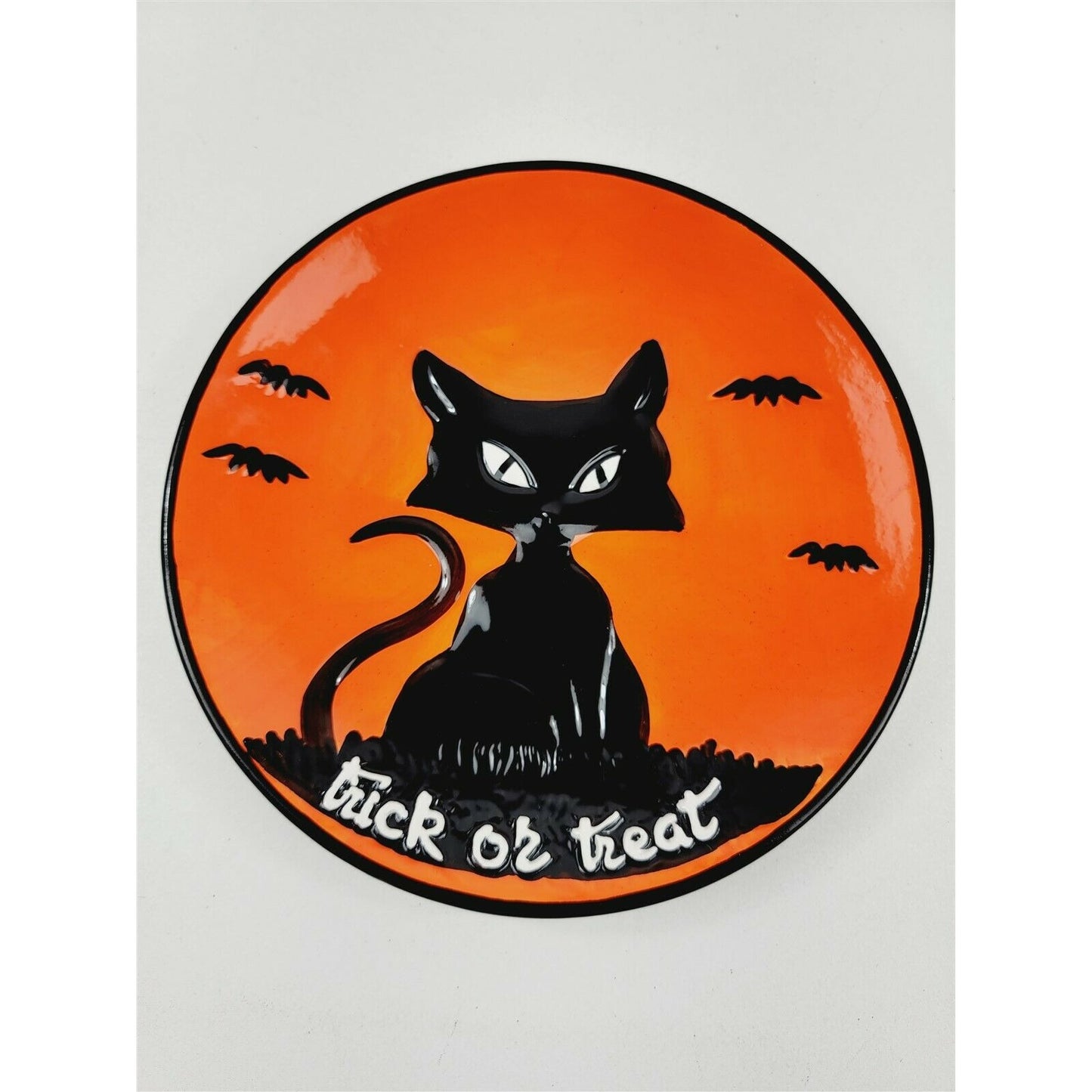 2 Hand Painted Happy Halloween Plates Orange Black Spider Web Black Cat 8"