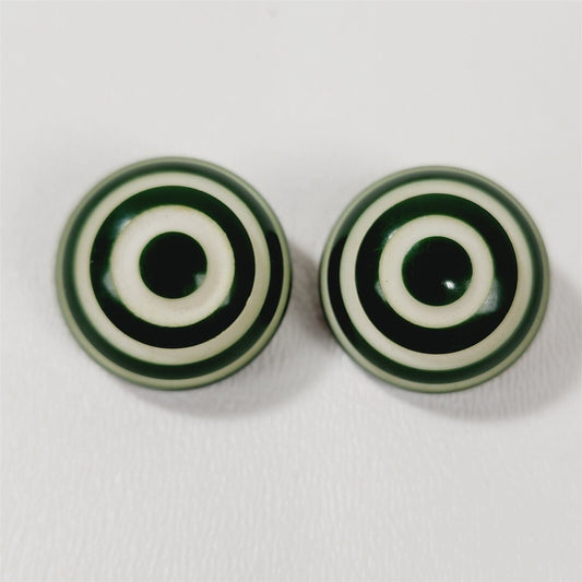 Vintage Green & White Carved Plastic Clip On Earrings