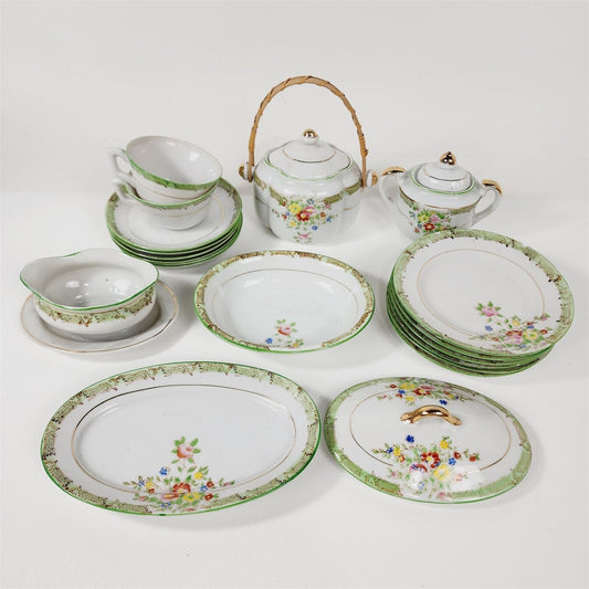 Vintage 20 Piece Porcelain Childs Tea Set Dishes Japan Green Floral Plates Cups