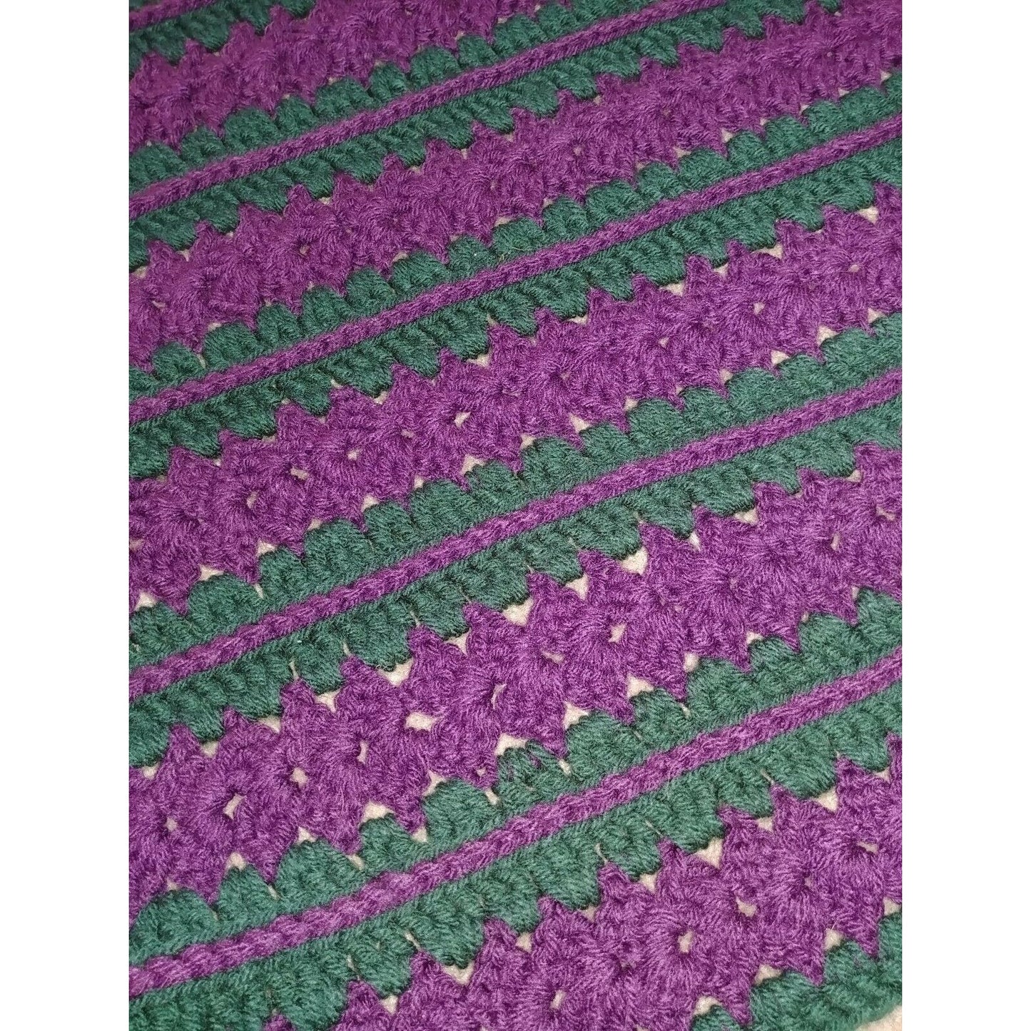 Crochet Handmade Afghan Blanket Pattern Throw 76" x 66" Purple Forest Green