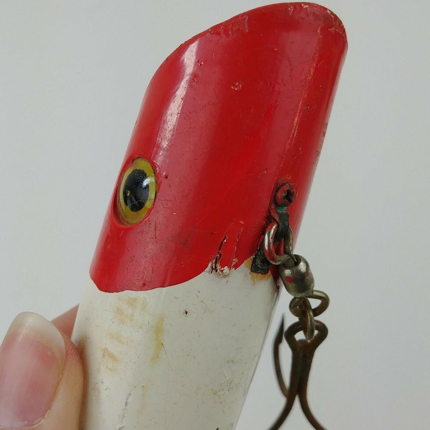 Vintage Large Red Wood Lure Red White Head & Tail - 6" Total Length